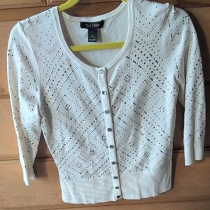 White Button-Up Cardigan with Silver/Gold Accents
